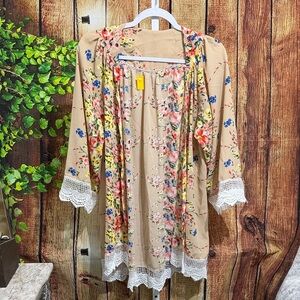 Floral Open Front Lace Cardigan Size L
